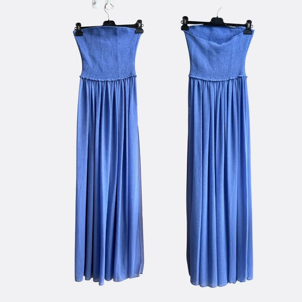 RAMY BROOK Calista Smocked Off The Shoulder Coverup Maxi Dress Slits M NWT - Picture 2 of 5